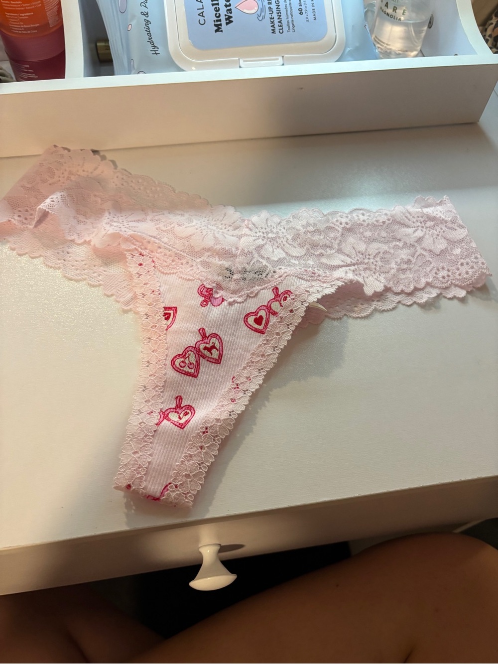 Victoria's Secret Light Pink Lace Thong with Red Heart Print